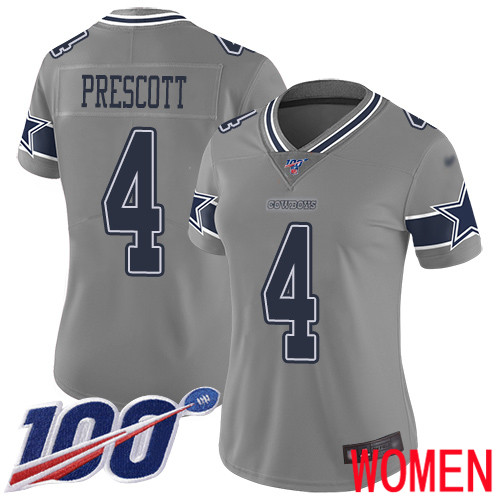 Women Dallas Cowboys Limited Gray Dak Prescott #4 100th Season Inverted Legend NFL Jersey->women nfl jersey->Women Jersey